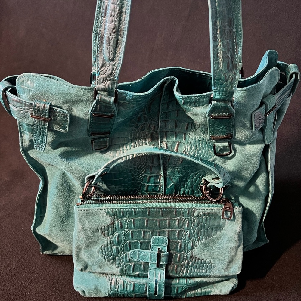 Kooba Teal Croc-Embossed Tote Bag